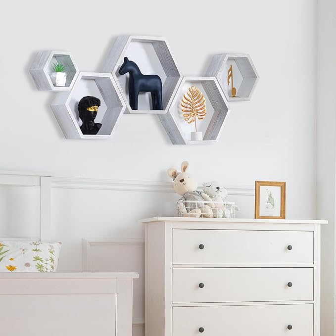 PHOENANCEE Hexagon Floating Shelves,Wall Mounted Wood Farmhouse Storage Honeycomb Wall Shelf Set of 5,for Bathroom, Kitchen, Bedroom, Living Room,Office,Driftwood Finish (Weathered White)