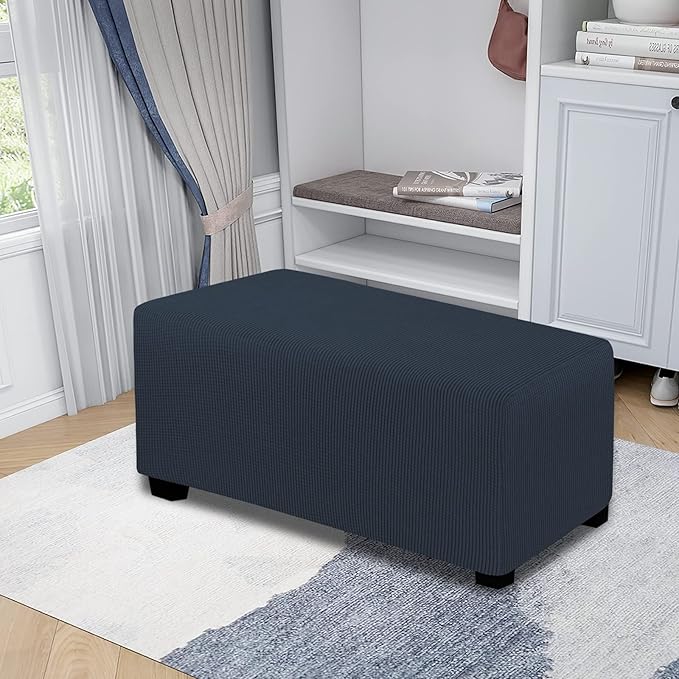 Easy-Going Stretch Ottoman Cover Folding Storage Stool Furniture Protector Soft Rectangle slipcover with Elastic Bottom(Ottoman Large,Dark Blue)
