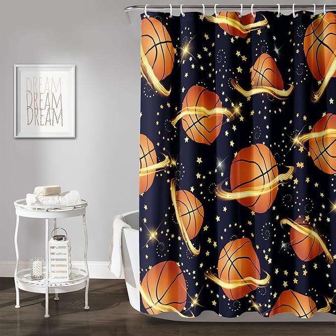 AILONEN Sports Basketball Shower Curtain for Bathroom, Space Planet Ball Print Bath Curtain,Yellow Star Basketball Kids Boys Bathroom Decor Waterproof 72" W*96" H Inch with 12 Plastic Hooks
