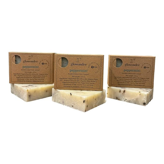 3 Pack Peppermint Handmade Organic Bar Soap for Face and Body - Moisturizing, All-Natural, Cruelty-Free - Botanical Ingredients - Shower, Bath, Hand Soaps, Gifts - 13.5 oz