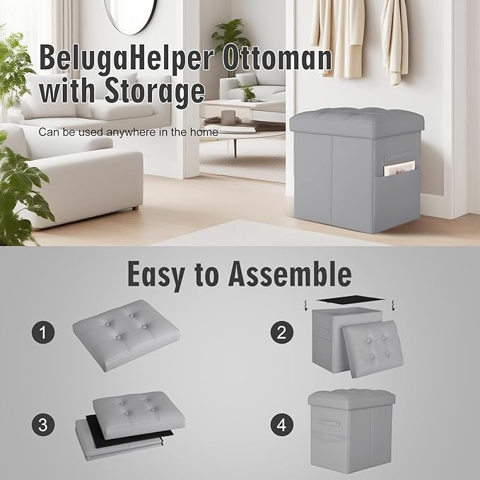 Ottoman with Storage, Ottoman Foot Rest Stool with Handles & Side Pocket. Folding Leather Storage Bench with Thicker Foam Padded Seat. Slim Tall Ottomans for Living Room 350lbs, 17x13x17in, Grey