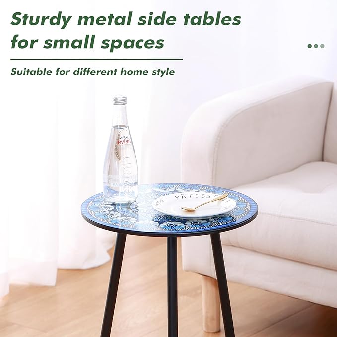 1 Pack Metal Mosaic Round Side Table 13.4" Small End Table for Patio Round Accent Garden Corner Stand for Small Spaces Weather-Resistant for Balcony Plant Stand Indoor Outdoor