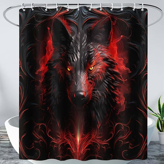 AILONEN 3D Black Wolf Shower Curtain Set,Fire Wolf Head Bathroom Curtain for Kids Girls Boys,Boho Style Shower Curtain,Wild Animal Shower Curtains for Bathroom Decor, 72" W*78" H
