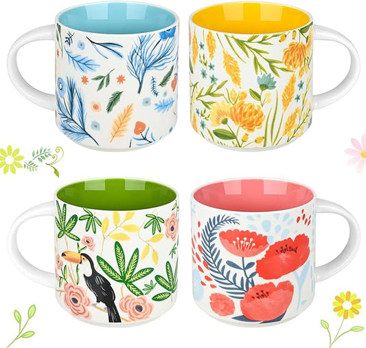 Yoiemivy Ceramic Coffee Mugs Set of 4, 16 oz Large Spring Flower Mugs Vintage Floral Coffee Cups with Handles Cute Aesthetic Easter Mug Solid Restaurant Porcelain Tea Mug - Gifts for Women Mom