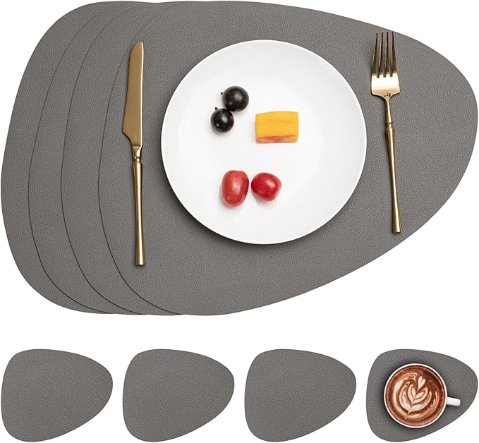 Myir JUN Placemats, Dual-Sided Placemats Waterproof Faux Leather Placemats Set of 4 Place Mats and Coasters Non-Slip Washable Table Mats for Dining Table (Gray, Set of 4)