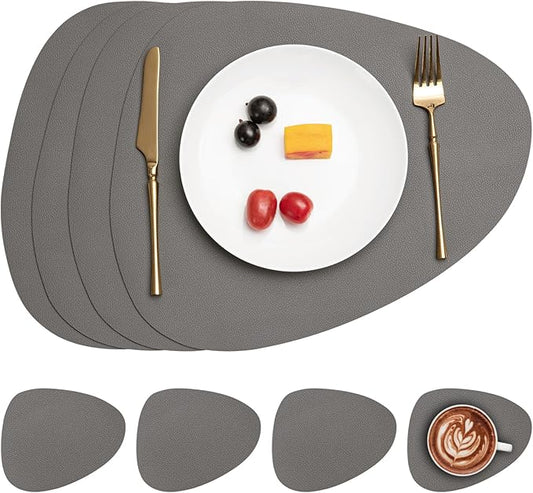 Myir JUN Placemats, Dual-Sided Placemats Waterproof Faux Leather Placemats Set of 4 Place Mats and Coasters Non-Slip Washable Table Mats for Dining Table (Gray, Set of 4)