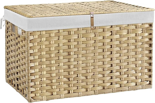180L Wicker Storage Basket with Lid, Handwoven Rattan Large Shelf Basket with Removable Liner, 47.6 Gallon Wicker Basket for Blanket, Storage Trunk with Handle for Bedroom, Livingroom, Goose Yellow