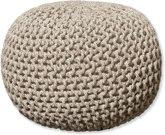 Chardin home- Crochet Beige-Ivory Pouf - Cozy & Bohemian, Recycled Cotton, Hand Crafted Casual Seating/Ottoman for Home, Office, Bedroom, 18"x18"x14".