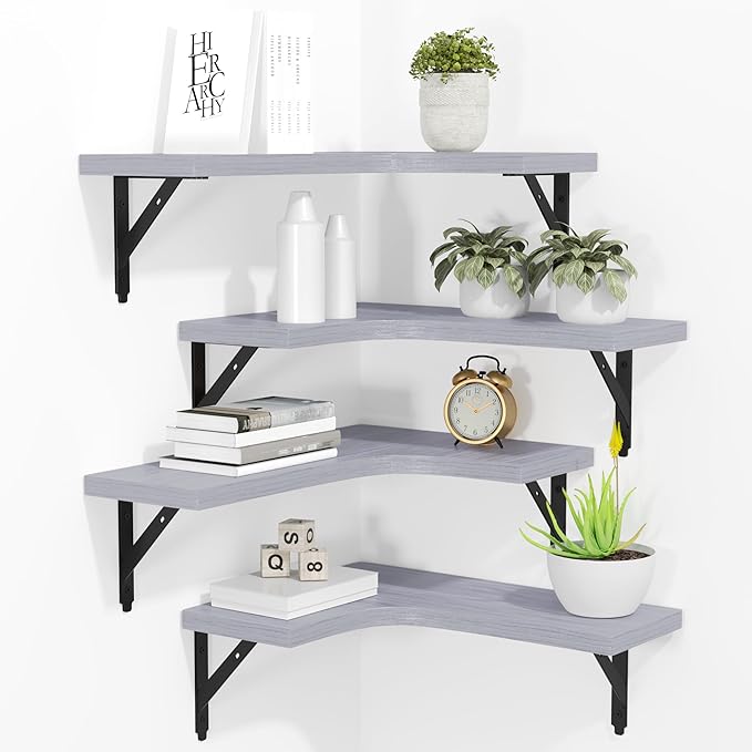 Corner Floating Shelves Wall Mounted Set of 4, Rustic Wood Storage Display Wall Shelves for Home Decor, Bathroom, Kitchen, Bedroom, Living Room, Office (Light Grey)