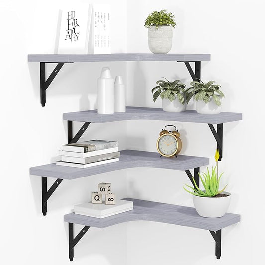 Corner Floating Shelves Wall Mounted Set of 4, Rustic Wood Storage Display Wall Shelves for Home Decor, Bathroom, Kitchen, Bedroom, Living Room, Office (Light Grey)