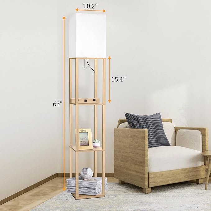 Dott Arts Floor Lamp with Shelves, Shelf Lamp with Wireless Charger & USB A+C Ports & 2 AC Outlets,3 Color Temperature Corner Tall Standing Floor Lamps for Living Room, Bedroom, Office (Burlywood)
