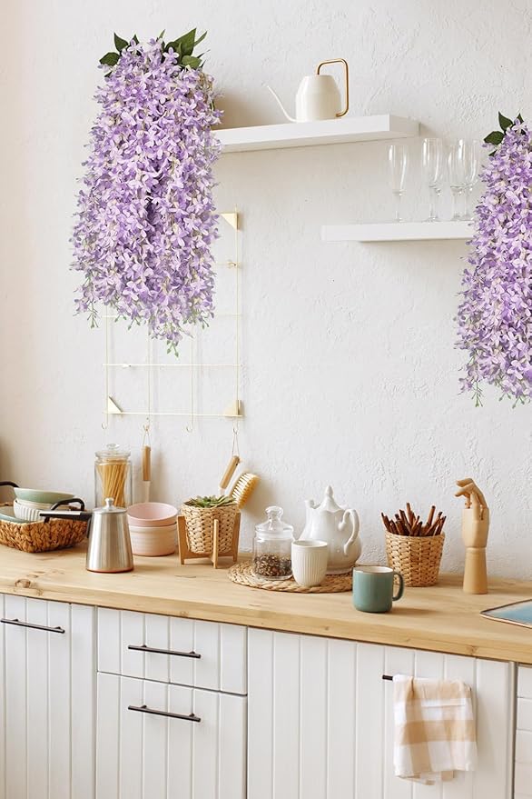 RECUTMS Artificial Lilac Flowers Garland 33.5in Faux Hanging Wisteria Vines 6Pcs Fake Silk Lilac Floral Decoration for Home Garden Wedding Arch Birthday Party Indoor Outdoor (Purple)