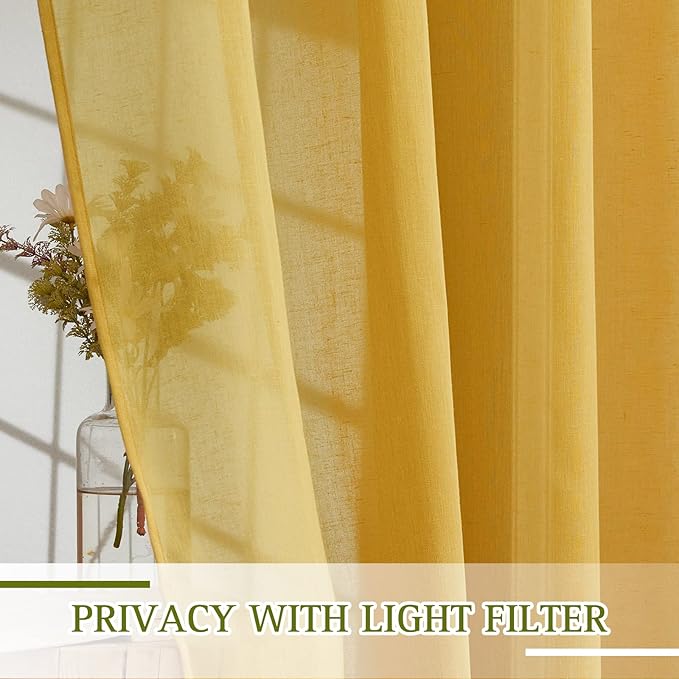 NICETOWN Semi Sheer Gold Curtains 96 inches Long, Grommet Linen Weave Vintage Vertical Drapes Privacy with Light Filtering for Living Room/Farmhouse, Citrine, 2 Panels, W52 x L96