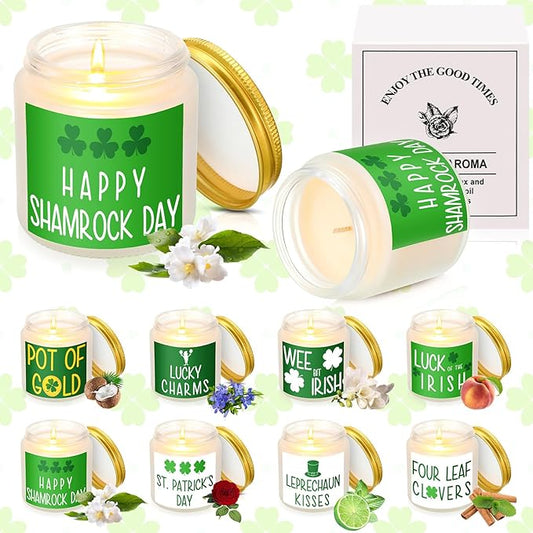 8 Pcs St. Patrick's Day Scented Candle Jars Scented Soy Candle Lucky Shamrock Lasting Candles Clover Candles Gifts Aromatherapy Candles for Women Home Birthday Gifts