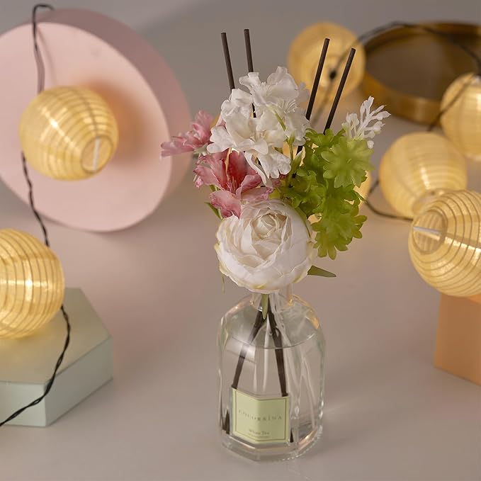 COCORRÍNA Reed Diffuser - White Tea 8.5 Fl.oz/ 250ml Flower Diffuser with 8 Sticks, Reed Diffusers for Home Bathroom Shelf Decor (Botanical Flower Collection)