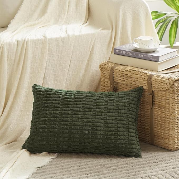 Fancy Homi 4 Packs Boho Olive Green Decorative Throw Pillow Covers 12x24 Inch for Couch Bed Sofa, Rustic Modern Farmhouse Home Decor, Soft Plush Corduroy Cute Square Cushion Case 30x60 cm