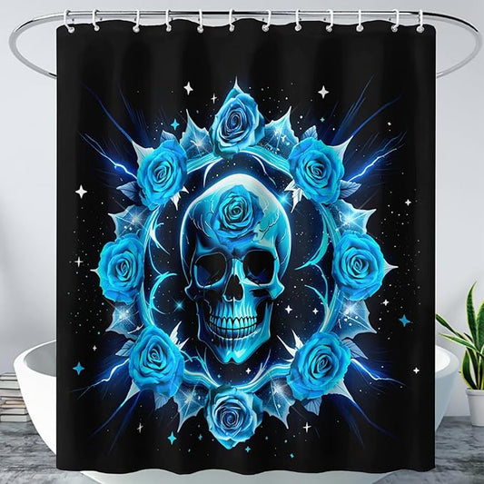 AILONEN Sugar Skull Shower Curtain for Bathroom,Blue Rose Flower Bath Curtain,Romantic Floral Skeleton Decor Bathroom Waterproof Curtain with 12 Plastic Hooks, 36" W*72" H