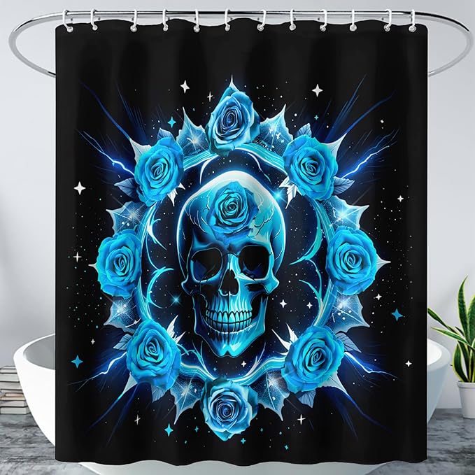 AILONEN Sugar Skull Shower Curtain for Bathroom,Blue Rose Flower Bath Curtain,Romantic Floral Skeleton Decor Bathroom Waterproof Curtain with 12 Plastic Hooks, 72" W*78" H