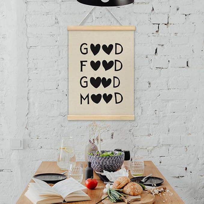 BIWSHA Good Food Good Mood Canvas Poster Framed Hanger 12x16 Inch,Funny Black Heart Kitchen Quotes Decor，Funny Words Poster，Kitchen Dining Room Decor