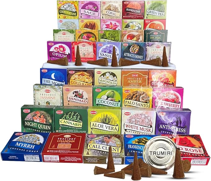 Hem Incense Cones Variety Pack of 12 Randomly Selected Fragrances and Incense Cone Holder Bundle Total 120 Cones