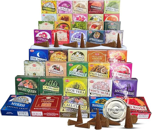 Hem Incense Cones Variety Pack of 12 Randomly Selected Fragrances and Incense Cone Holder Bundle Total 120 Cones