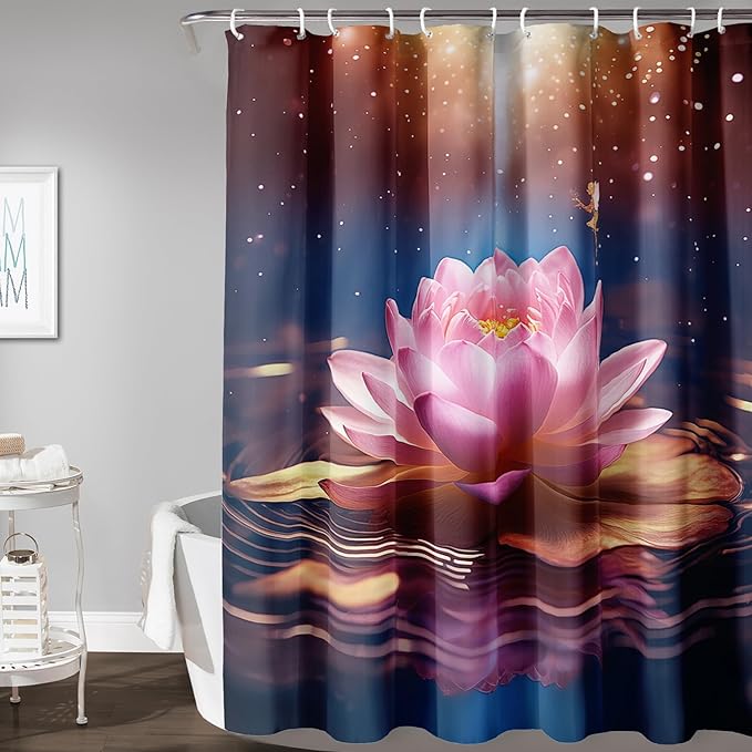 AILONEN Pink Flower Shower Curtain,Galaxy Floral Lotus Flower Bath Curtain,Polyester Waterproof for Bathroom with 12 Plastic Hooks 72" W*72" H