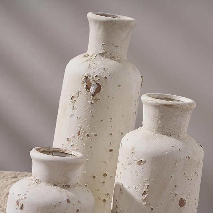 SIDUCAL Ceramic Rustic Farmhouse Vase Set of 3, Whitewashed Terracotta Vase, Clay Decorative Vases for Home Decor, Living Room, Shelf, Mantel Decoration(Rustic White)
