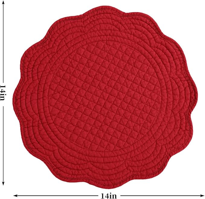 HOMBYS Quilted Placemats Set of 6 Washable Round Placemats for Kitchen Table-100% Cotton Fabric 13 Inch Round Table Mats, Cotton Fabric with Microfiber Filling, (13"x13", Red)