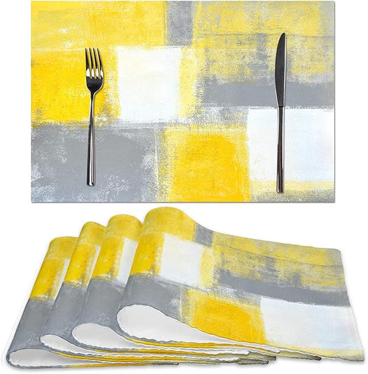 Yellow and Grey Abstract Art Placemats, Modern Art Placemats, Set of 4 Heat Resistant Non-Slip Artwork Dining Placemats, Washable Place Mats for Home Kitchen (Yellow and Grey, 18"X12")