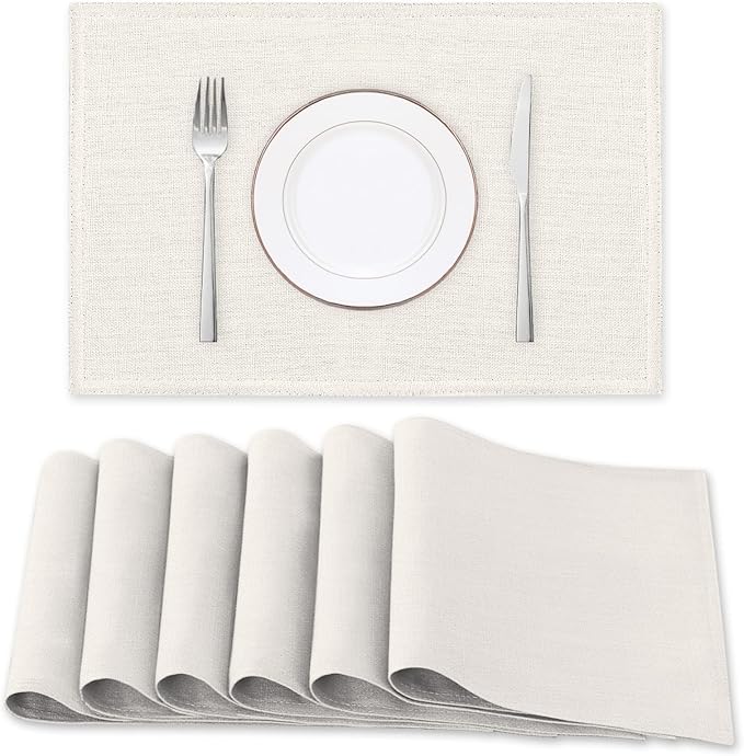 H.VERSAILTEX Linen Placemats Set of 6 Premium Solid Table Placemats for Dining Table Spill-Proof Waterproof Table Mats Heat-Resistant Kitchen Table Mats Washable, 12x18 inches, Ivory