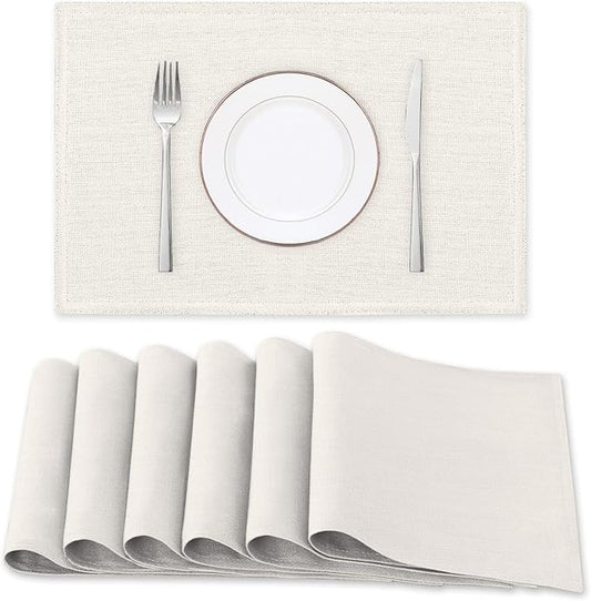 H.VERSAILTEX Linen Placemats Set of 6 Premium Solid Table Placemats for Dining Table Spill-Proof Waterproof Table Mats Heat-Resistant Kitchen Table Mats Washable, 12x18 inches, Ivory