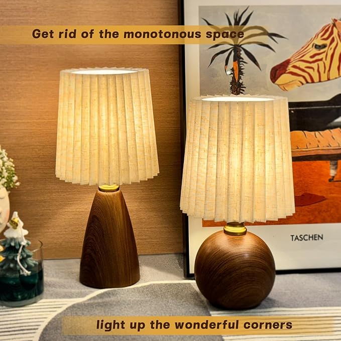 Small Pleated Table Lamp for Bedroom, Bedside Lamps for Nightstand, Dimmable Desk Lamp Ceramic Wood Grain Base Round Flaxen Fabric Shade for Living Room, Kids Room,LED Bulb Included(Art Deco)