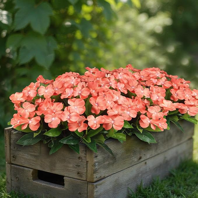 4 Pcs Artificial Flowers Outdoor Impatiens UV Resistant Fake Silk Impatiens Flowers Orange Faux Flowers Impatiens Bushes Artificial Impatiens for Outdoor Planter Pot Hanging Basket Porch Decor