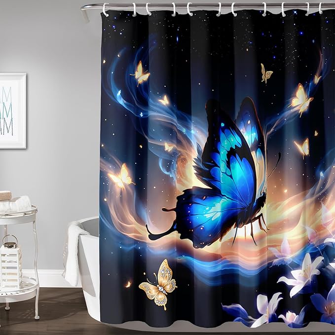 AILONEN Butterfly Shower Curtain,Blue Butterfly Bath Curtain for Girls Kids Women,Glowing Starry Flower Butterfly Decoration Bathroom Waterproof Curtain with 12 Plastic Hooks, 72" W*72" H