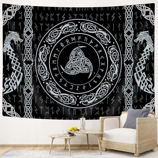 Viking Art Tapestry, Raven Ancient Rune Dragon Totem Norse Mythology Tapestries, Black White Mystical Geometric Norse Mythology Tapestry Wall Hanging for Living Room Bedroom Decor, 71x60