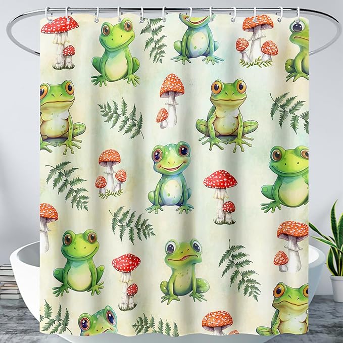 AILONEN Cute Frog Shower Curtain for Bathroom, Mushroom and Frog Bath Curtain,Amphibians Fungus Printed Waterproof Curtain with 12 Plastic Hooks,Green 72" W*72" H