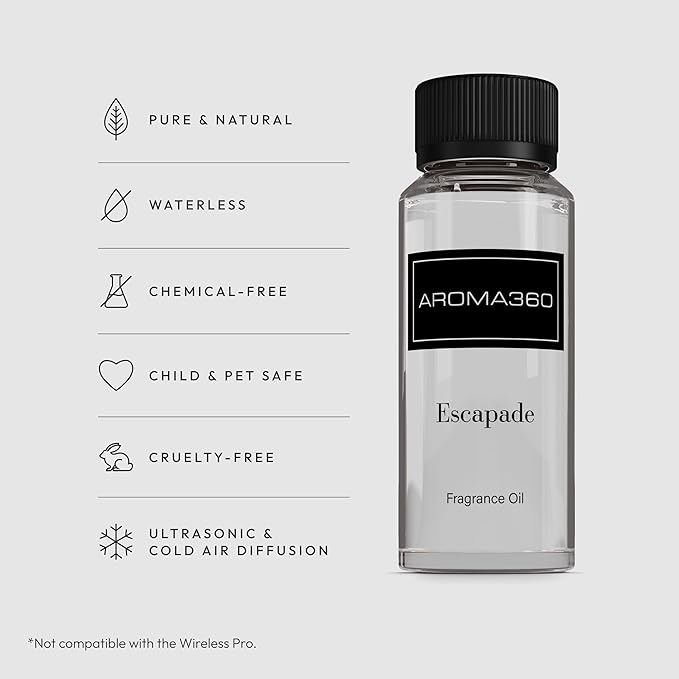Aroma360 - Escapade Fragrance Oil Scent - Luxury Aromatherapy Scent Diffuser Oil - Hints of Lemon, Ocean, Bergamot, & Fragrant Jasmine - for Essential Oil Diffusers - for Home & Office - 120mL