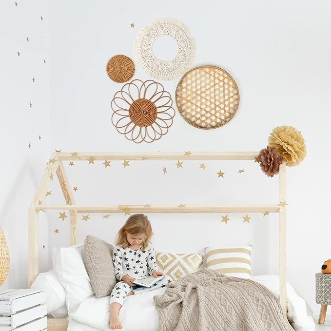Set of 8 Boho Wall Hanging Set - Woven Rattan, Bamboo Baskets with Macrame Tassels & Tapestry for Bedroom, Living Room, Nursery Decor