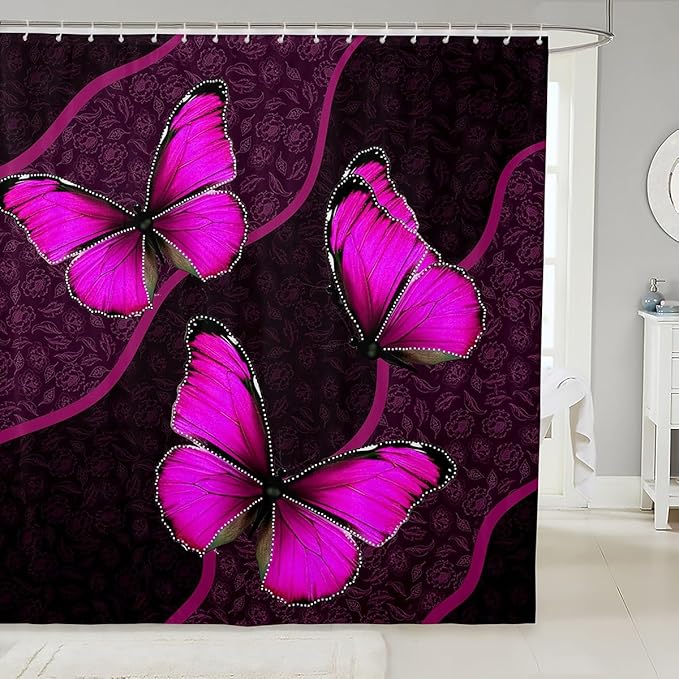 Feelyou Butterfly Shower Curtain 72"x84" Kids Butterflies Botanical Floral Print Bathroom Shower Curtain Set for Boys Girls Teens Geometric Stripes Bath Curtain Rose Bathroom Accessories