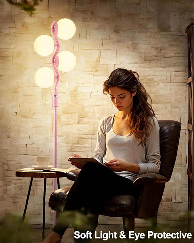 60IN Dimmable (Brightness Adjustable) Pink Pole Floor Lamp, Modern Standing Lamps with 4 Globe Soft Warm White 3000K Bulbs, Mid Century Floor Lamp for Living Room Bedroom Home Decor