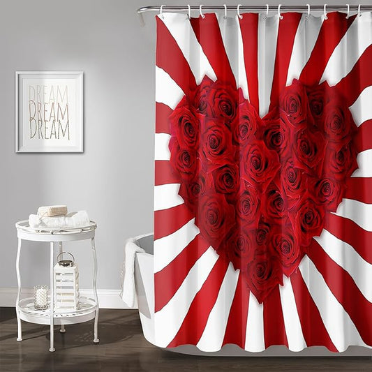 AILONEN Red Rose Hearts Print Shower Curtain for Bathroom, Romantic Flower Red and White Stripe Bathroom Decor 72" W*72" H Bath Curtain Polyester Waterproof Shower Curtain with 12 Hooks