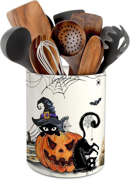pinata Halloween Kitchen Decor Ceramic Utensil Holder, Cute Halloween Cat Pumpkin Utensils Holder, Ceramic Utensils Crock for Rustic Farmhouse Indoor Kitchen Decorations(6.3 Inches)