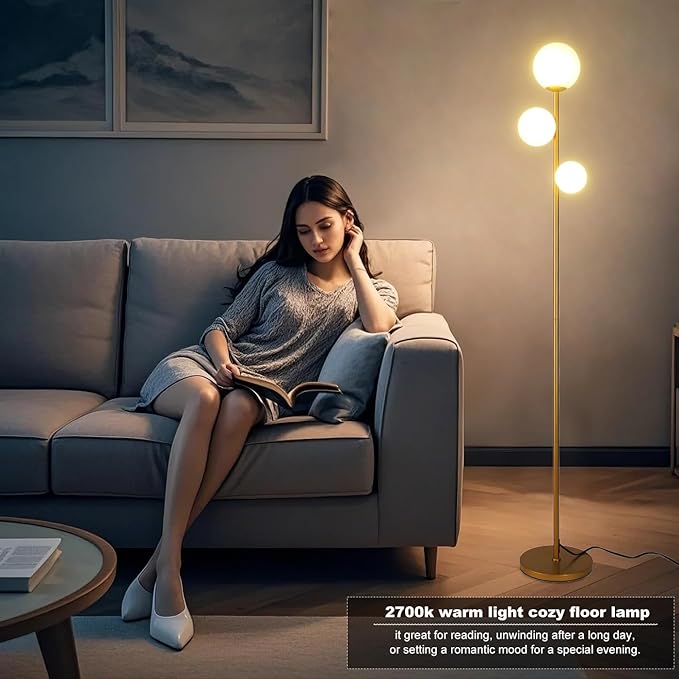 Fiqevs Floor Lamp, 3 Globe Mid Century Floor Lamps for Living Room with Sphere Frosted Glass Shade and 3 2700K LED Bulbs, Vintage Modern Gold Standing Lamp for Bedrooms, Office - Antique Brass