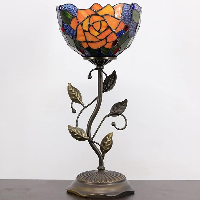 Small Tiffany Lamp Stained Glass Table Lamp Uplight Accent Lamp with Metal Leaf Base Yellow Purple Rose Style Desk Light 8X19 Inch for Home Office Living Room Bedroom