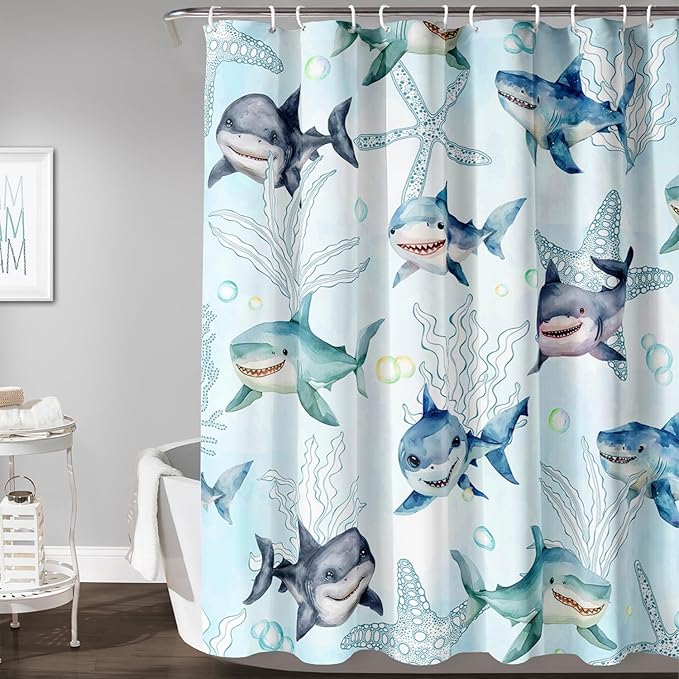 AILONEN Shark Shower Curtain for Bathroom, Cute Shark Bathroom Curtain,Blue Tie Dye Ocean Theme Bath Curtain 60" W*72" H Polyester Waterproof Children Boys Bathroom Curtain with 12 Hooks