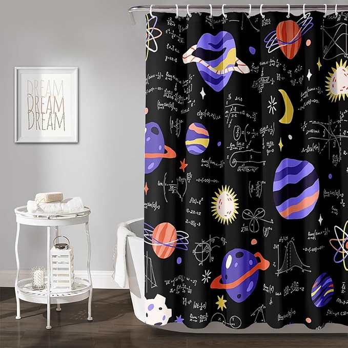 AILONEN Solar System Shower Curtain,Math Galaxy Purple Planet Bath Curtain for Bathroom Decor,Cartoon Planet Polyester Waterproof with 12 Plastic Hooks 48" W*72" H
