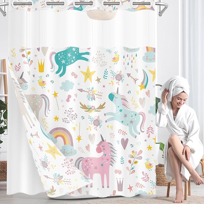 Unicorns Rainbow Cute No Hook Shower Curtain with Snap in Liner, Cloud Fun Girl Kids Colorful Bath Curtain with Double Layers Waterproof Fabric and Mesh Top Window 71x74 Inch