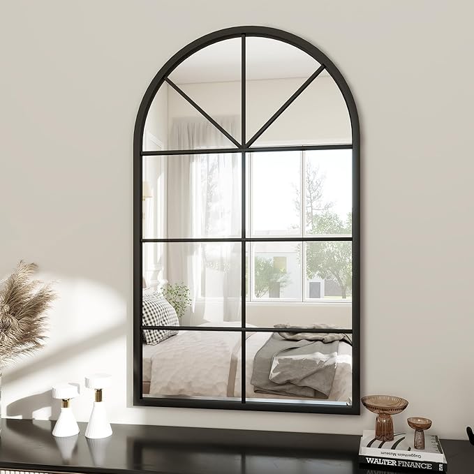 Arched Wall Mirror Wall Decorative, Iron Framed Window Pane Mirrors,38" x 24" Window Mirror, Arched Top Wall Mirror for Entryway Living Room, Bedroom, Fireplace .(Black)