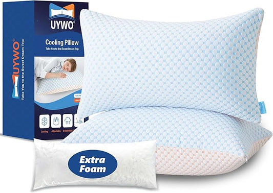 Cooling Pillows King Size Set of 2, Shredded Memory Foam Pillow Adjustable Bed Pillows Firm Pillow with Removable Washable Cover and Extra Filling Pack