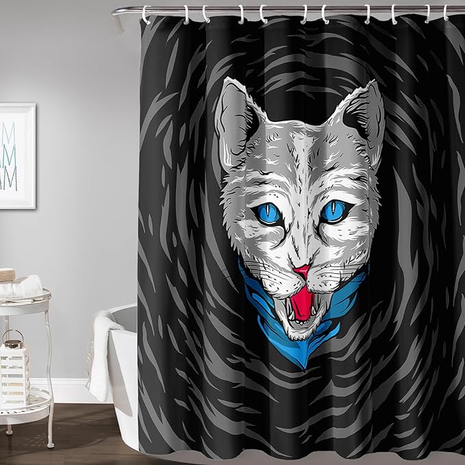 AILONEN Cat Shower Curtain,Cartoon Scream Cat Printed Bath Curtain for Teens,Polyester Waterproof for Bathroom,72" W*78" H with 12 Plastic Hooks